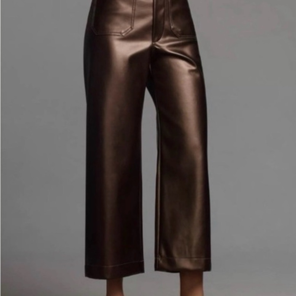Maeve Cropped Faux Leather Wide-Leg Pants in Brown
